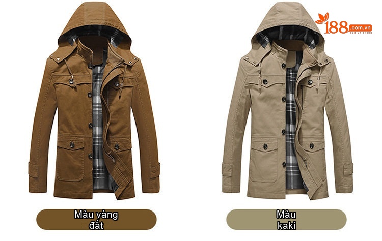 Áo Khoác Nam Cotton Mỏng Dáng Ôm Có Mũ Trùm Đầu Phong Cách Âu Mỹ Màu Nâu, Đen, Xanh Lá, Kem chi tiết 4