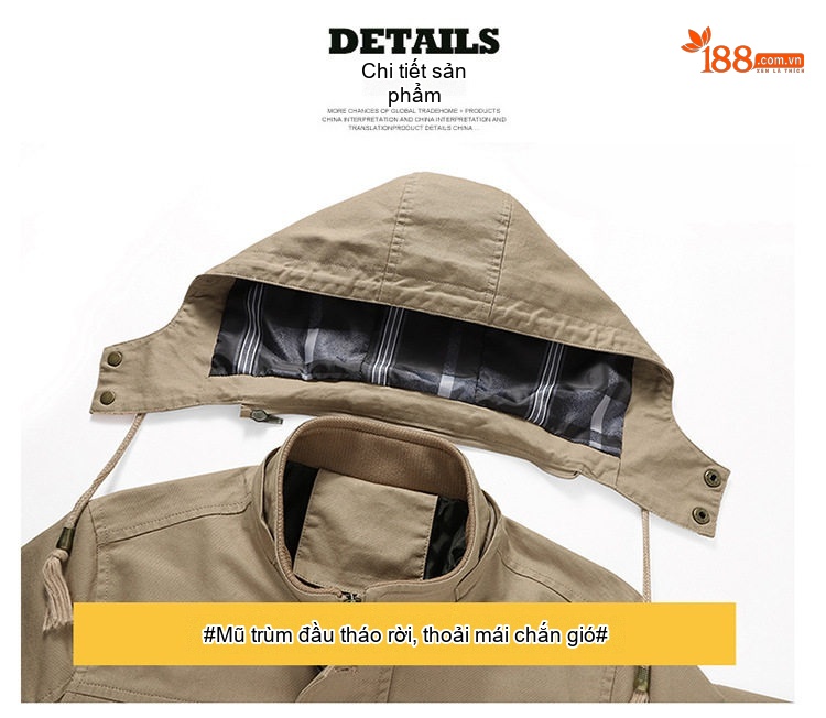 Áo Khoác Nam Cotton Mỏng Dáng Ôm Có Mũ Trùm Đầu Phong Cách Âu Mỹ Màu Nâu, Đen, Xanh Lá, Kem chi tiết 12