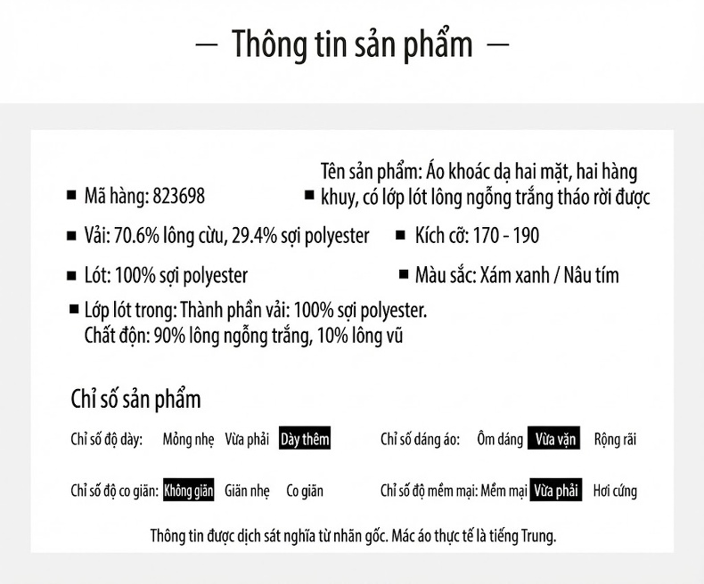 Áo Khoác Nam Dạ Hai Mặt Lót Lông Vũ Cúc Đôi Màu Nâu, Xanh Navy chi tiết 10