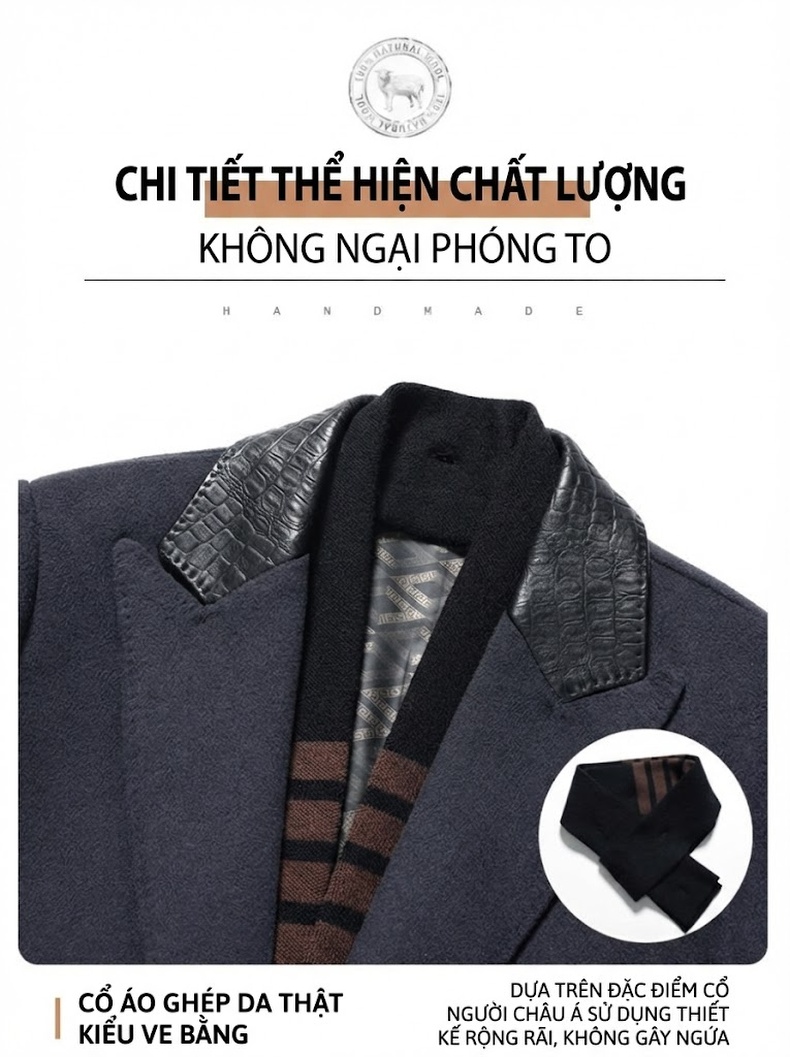 Áo Khoác Nam Dạ Lông Cừu Hai Mặt Có Lớp Lót Lông Vũ Màu Xám Đen chi tiết 12