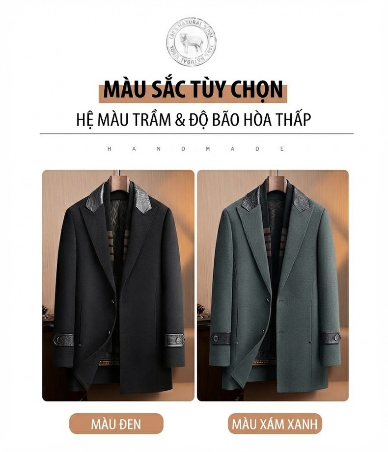 Áo Khoác Nam Dạ Lông Cừu Hai Mặt Có Lớp Lót Lông Vũ Màu Xám Đen chi tiết 14