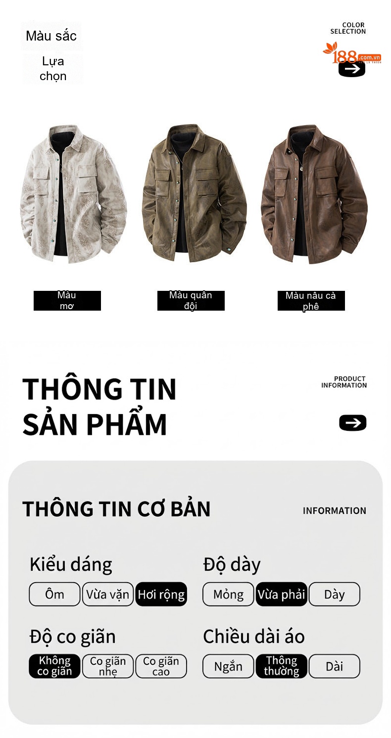 Áo Khoác Nam Da PU Dáng Sơ Mi Họa Tiết Rằn Ri Phong Cách Mỹ Màu Be, Nâu, Xanh... chi tiết 5