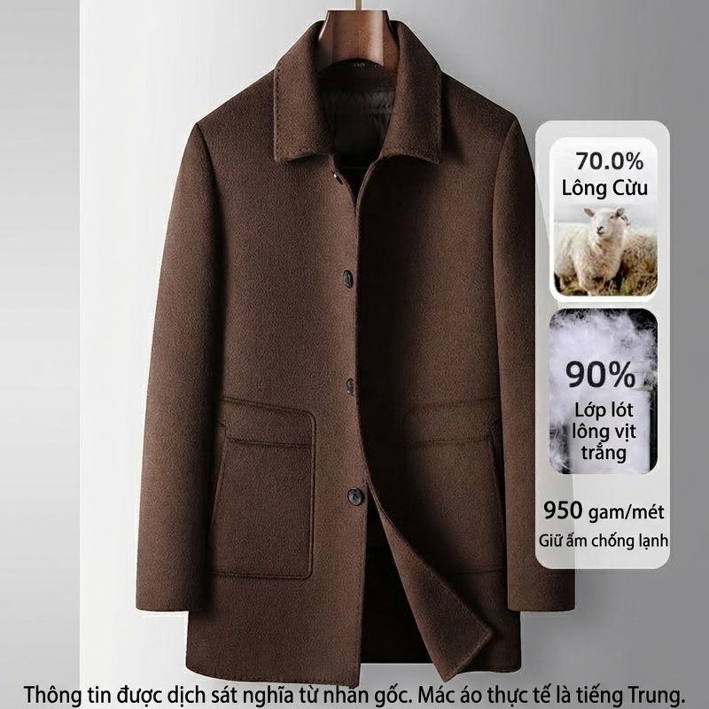 Áo Khoác Nam Dạ Wool Lót Lông Vũ Cổ Bẻ Dáng Vừa Màu Nâu, Xám