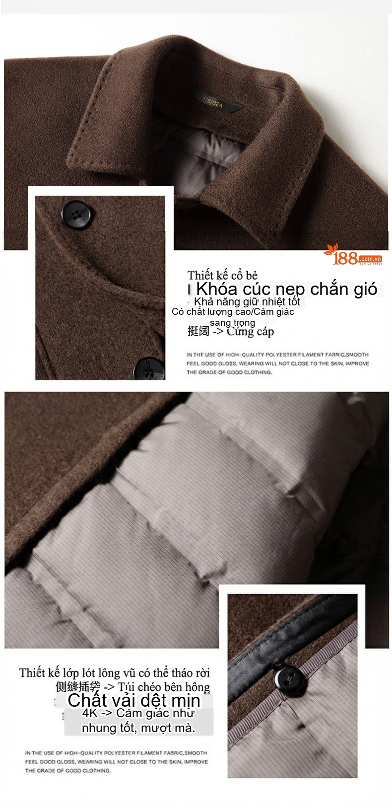 Áo Khoác Nam Dạ Wool Lót Lông Vũ Cổ Bẻ Dáng Vừa Màu Nâu, Xám chi tiết 5