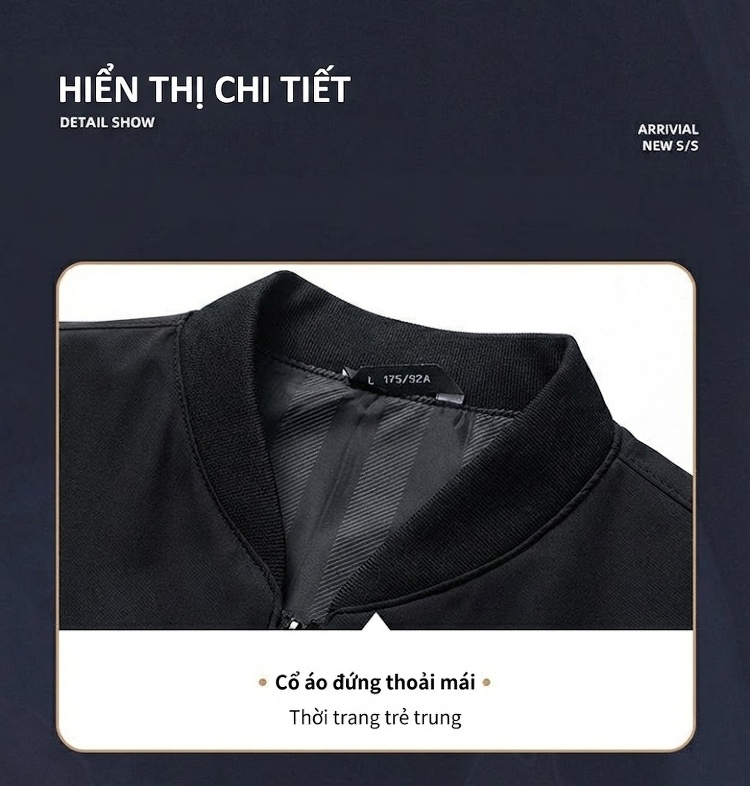 Áo Khoác Nam Dáng Bomber Cổ Trụ Khóa Kéo Phong Cách Lịch Lãm Màu Đen, Xám chi tiết 4