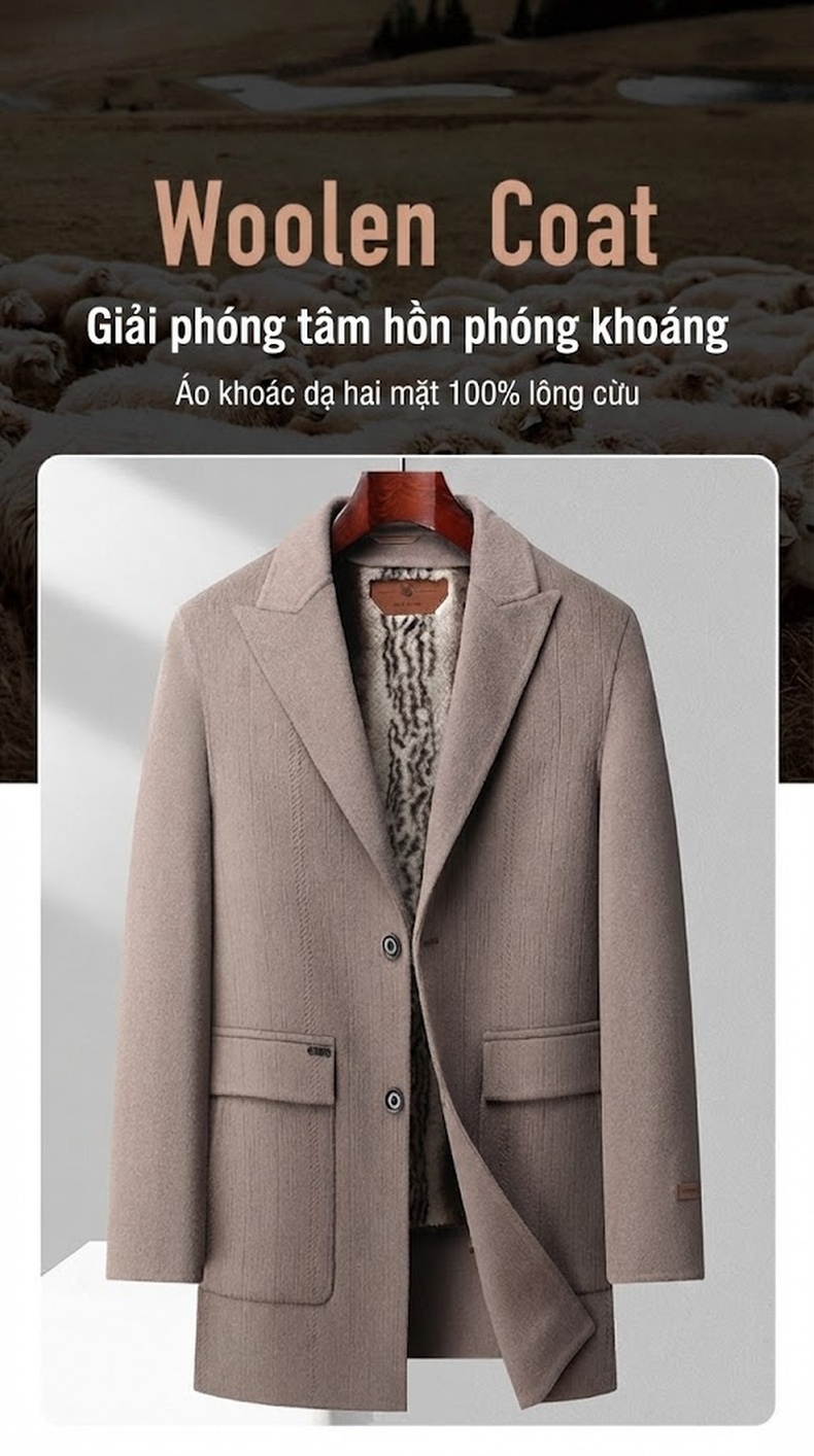 Áo Khoác Nam Dáng Dài 100% Lông Cừu Hai Mặt Thủ Công, Lớp Lót Lông Vũ Ngỗng Tháo Rời Màu Nâu, Đen, Xám chi tiết 2