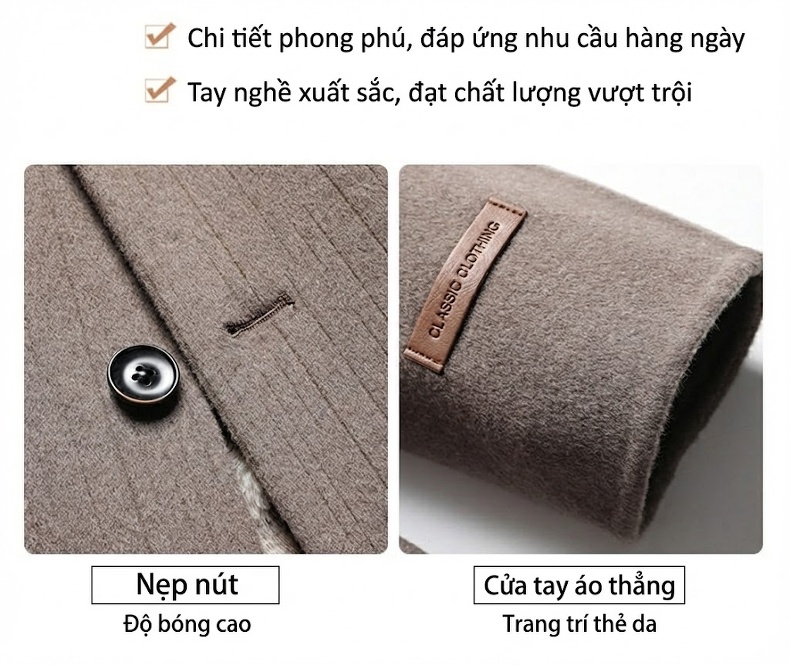 Áo Khoác Nam Dáng Dài 100% Lông Cừu Hai Mặt Thủ Công, Lớp Lót Lông Vũ Ngỗng Tháo Rời Màu Nâu, Đen, Xám chi tiết 13
