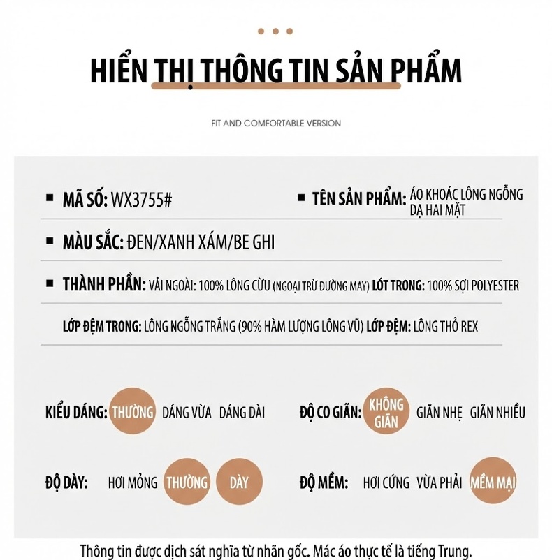 Áo Khoác Nam Dáng Dài 100% Lông Cừu Hai Mặt Thủ Công, Lớp Lót Lông Vũ Ngỗng Tháo Rời Màu Nâu, Đen, Xám chi tiết 17