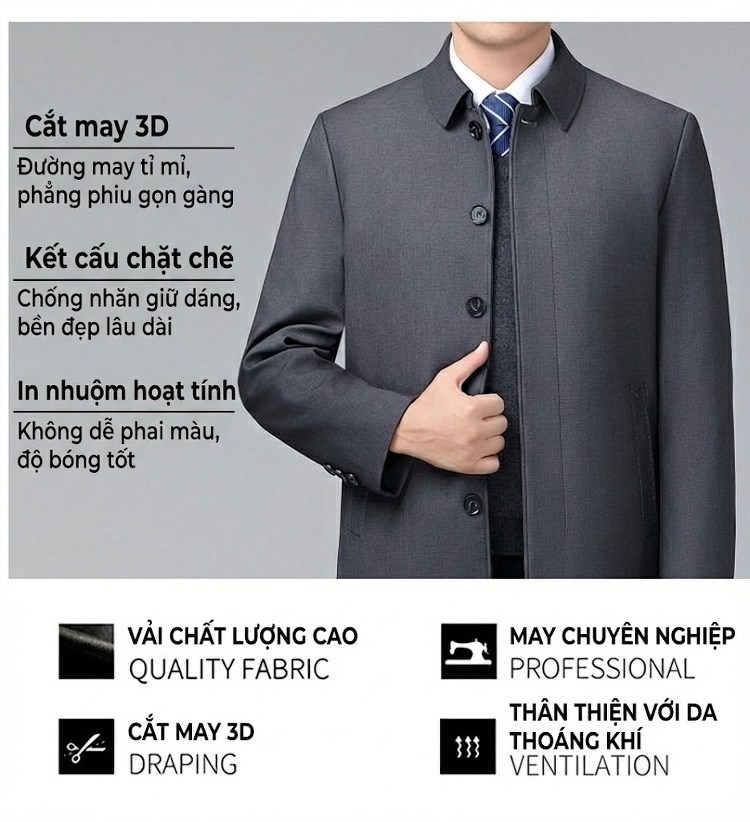 Áo Khoác Nam Dáng Dài Chống Hàn Phong Cách Doanh Nhân Lịch Lãm Ấm Áp Màu Đen, Xám chi tiết 2