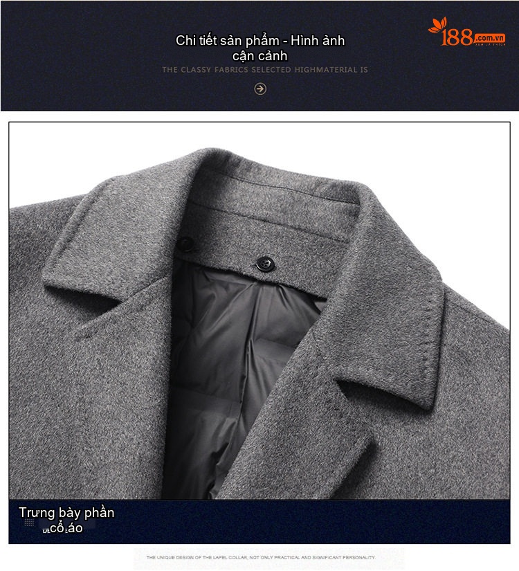 Áo Khoác Nam Dáng Dài Cổ chữ Vest Lông Cừu 40% Có Lớp Lót Lông Vũ Màu Đen, Xám chi tiết 10
