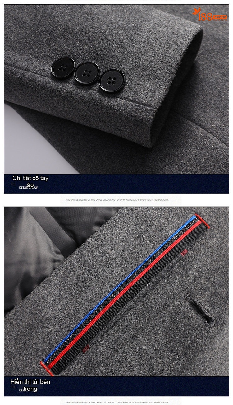 Áo Khoác Nam Dáng Dài Cổ chữ Vest Lông Cừu 40% Có Lớp Lót Lông Vũ Màu Đen, Xám chi tiết 12