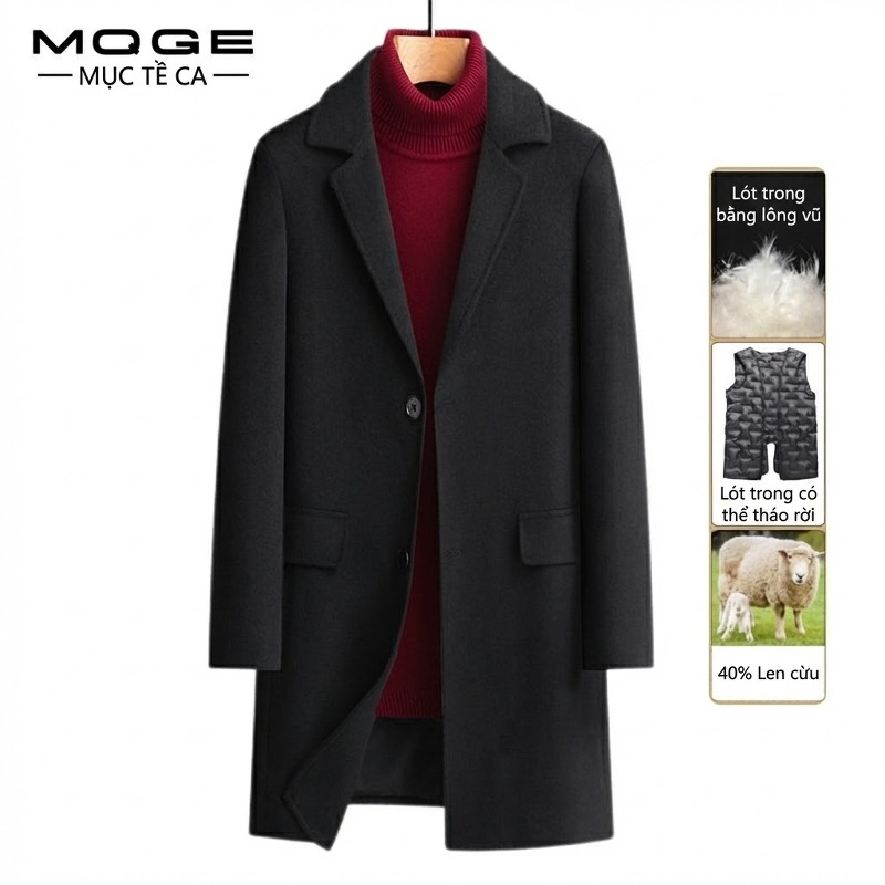 Áo Khoác Nam Dáng Dài Cổ chữ Vest Lông Cừu 40% Có Lớp Lót Lông Vũ Màu Đen, Xám