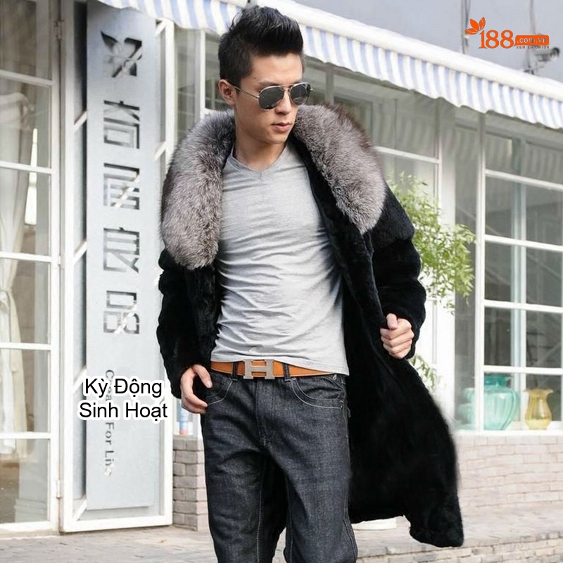 Áo Khoác Nam Dáng Dài Giả Lông Chồn, Cổ Lông Cáo Thời Trang Màu Đen