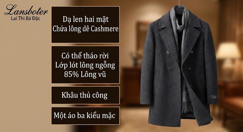 Áo Khoác Nam Dáng Dài Hai Mặt Lông Cừu Lót Lông Vũ Có Khăn Quàng Cổ Màu Đen, Nâu, Xám