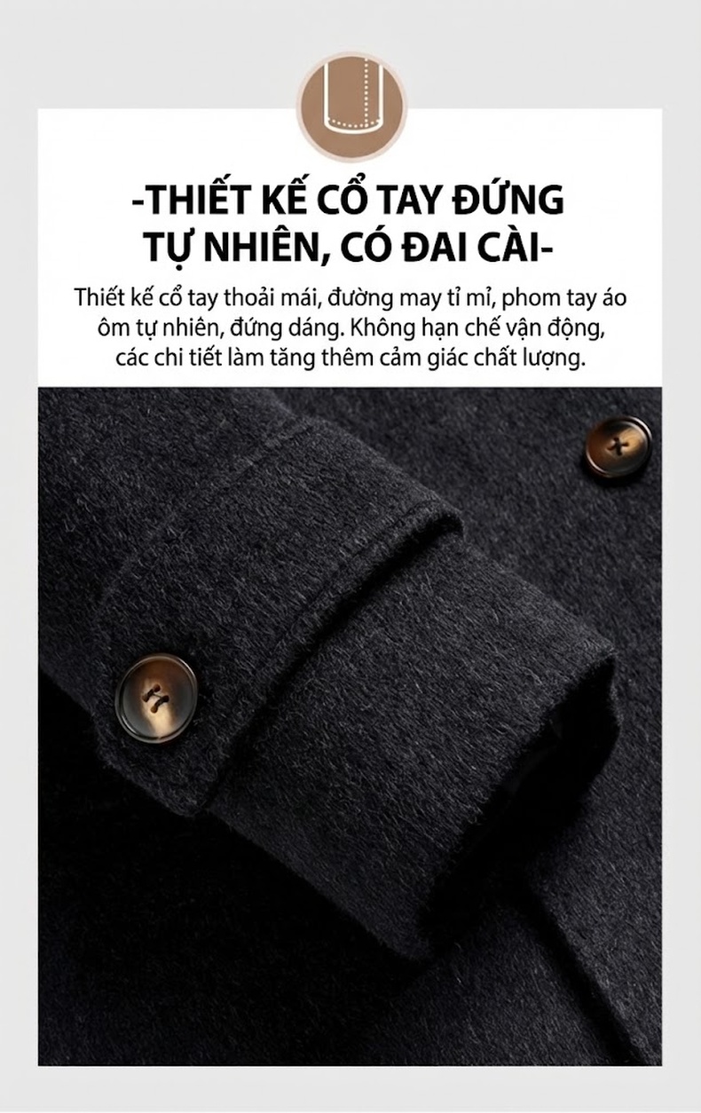 Áo Khoác Nam Dáng Dài Hai Mặt Lông Cừu Lót Lông Vũ Có Khăn Quàng Cổ Màu Đen, Nâu, Xám chi tiết 11