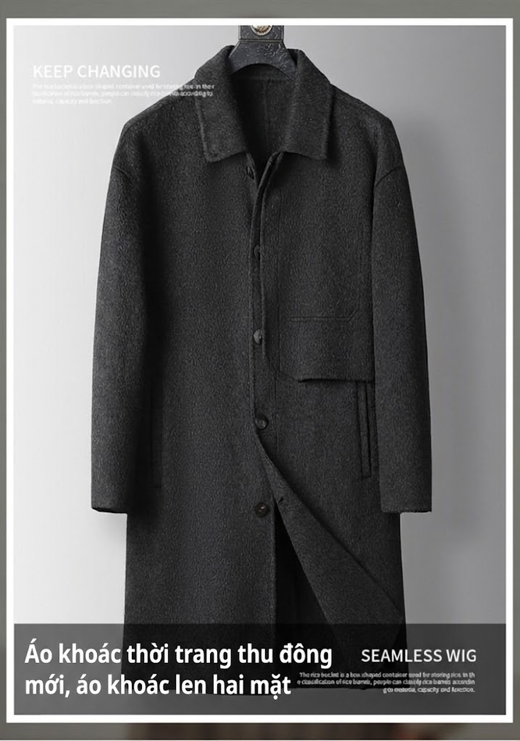 Áo Khoác Nam Dáng Dài Vải Tweed Cổ Bẻ Màu Be, Đen, Xám chi tiết 1
