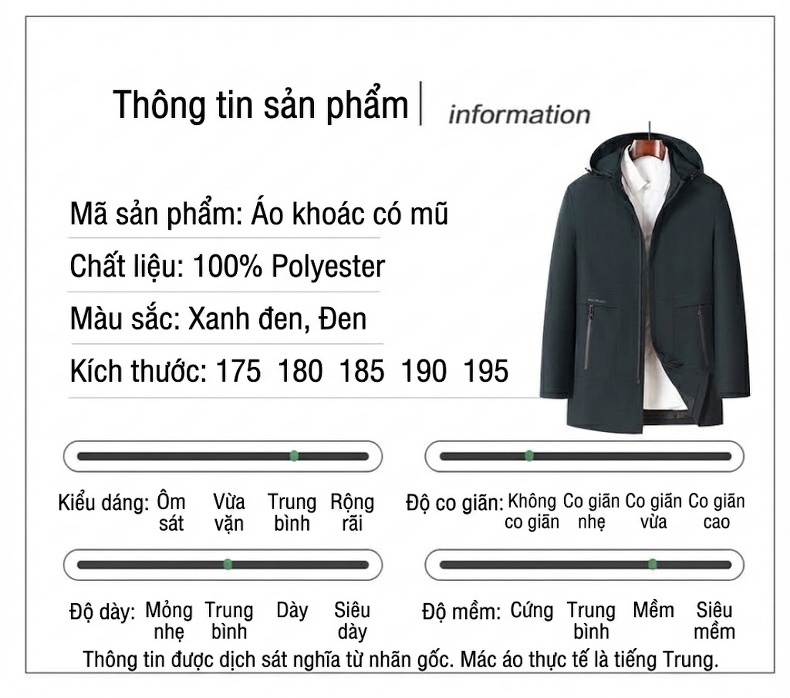 Áo Khoác Nam Dáng Dài Vừa Mũ Trùm Đầu Có Thể Tháo Rời Màu Đen, Xanh Đậm chi tiết 4