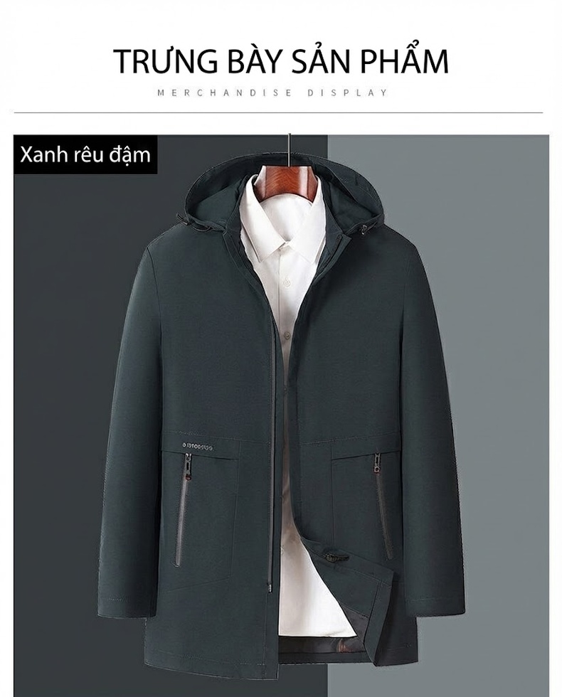 Áo Khoác Nam Dáng Dài Vừa Mũ Trùm Đầu Có Thể Tháo Rời Màu Đen, Xanh Đậm chi tiết 6