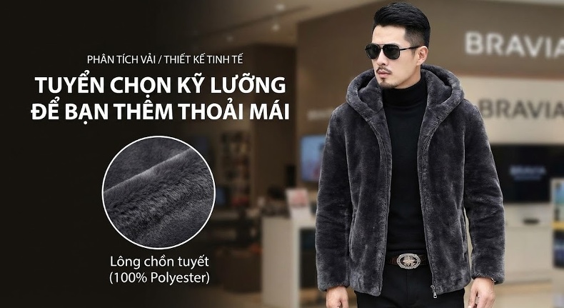 Áo Khoác Nam Dáng Ngắn Có Mũ Lông Kim Chồn Giả Hai Mặt Thời Trang Giữ Ấm Màu Xám, Nâu chi tiết 1