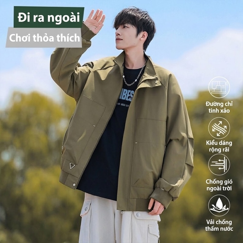 Áo Khoác Nam Dáng Rộng Thu Đông Phong Cách Thời Trang Màu Trắng Kem, Xanh Olive, Đen