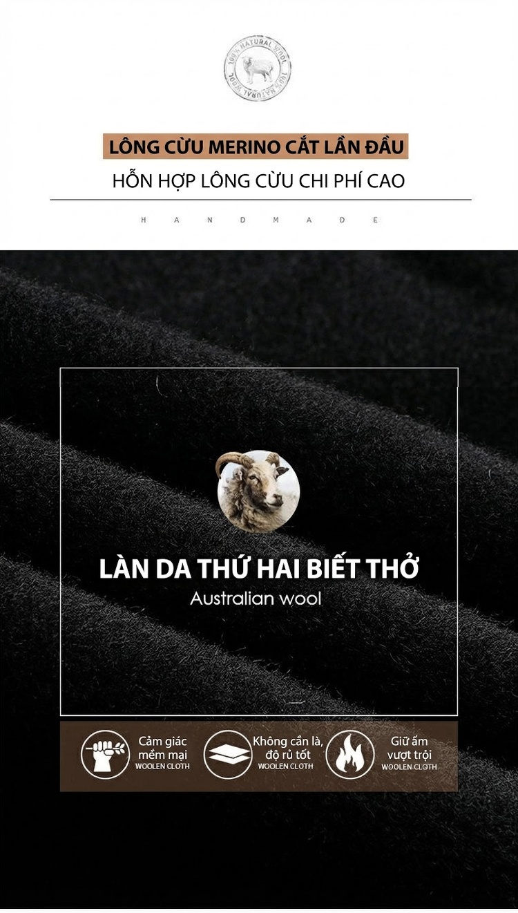Áo Khoác Nam Dáng Rộng Vải 毛呢 (Mao Ni) Thu Đông Trung Niên Thoải Mái Màu Đen chi tiết 9