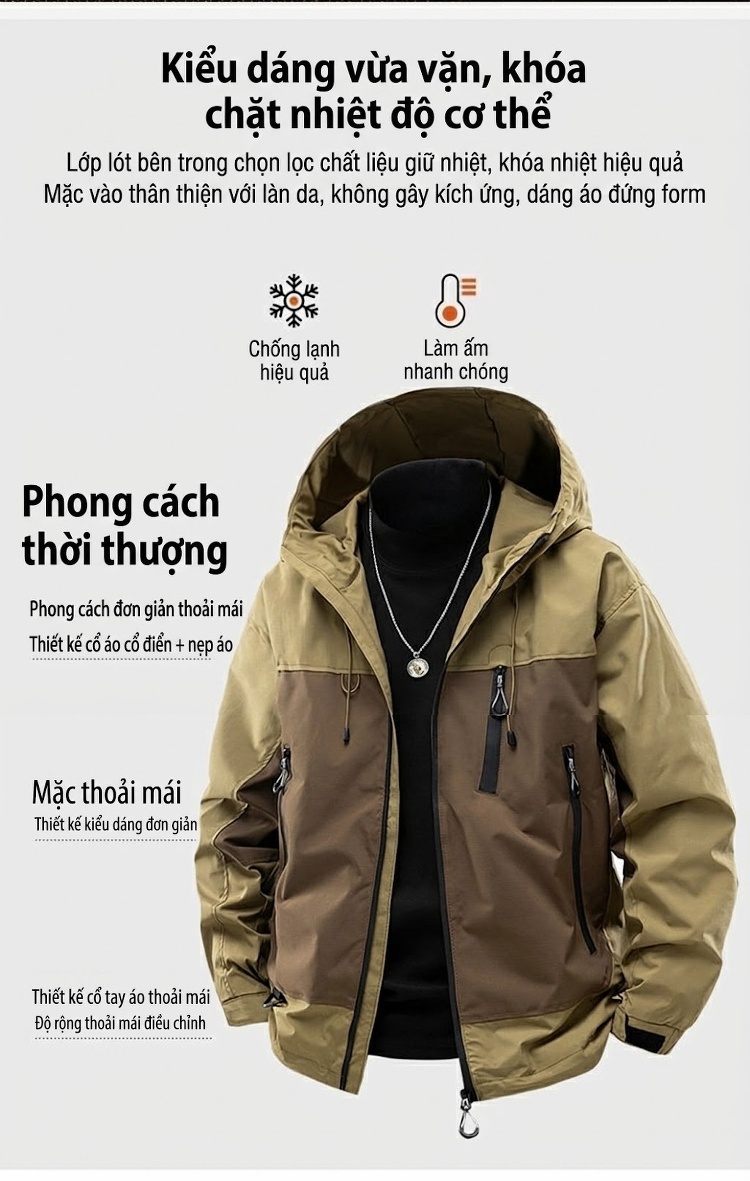 Áo Khoác Nam Dày Dặn Lót Lông Có Mũ Trùm Đầu Phong Cách Retro chi tiết 4