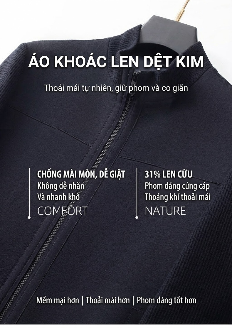 Áo Khoác Nam Dệt Kim Cổ Trụ Khóa Kéo Màu Đen, Xám, Xanh Rêu chi tiết 1