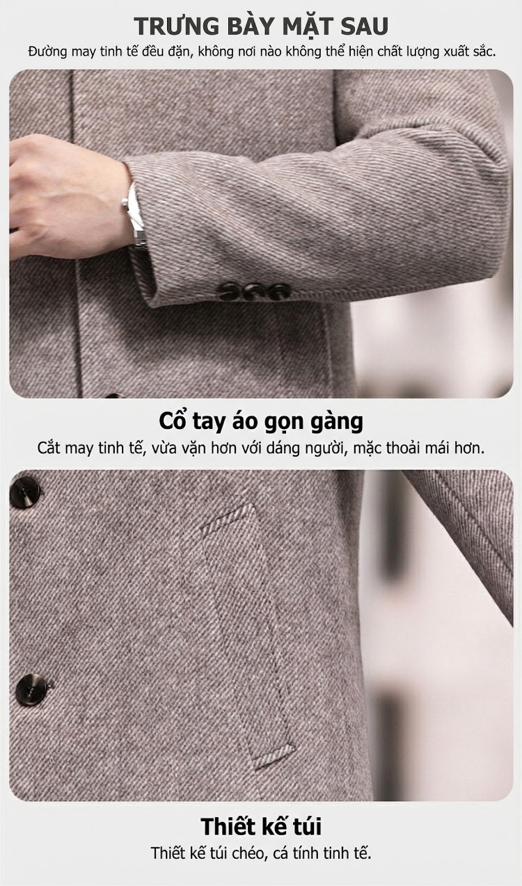 Áo Khoác Nam Hai Mặt Lông Cừu Cao Cấp, Áo Dạ Nam Trung Niên Tháo Rời Màu Xám, Nâu chi tiết 15