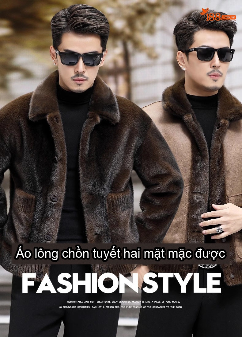 Áo Khoác Nam Hai Mặt Nhung Tuyết Lan Lông Chồn Kiểu Ngắn Cổ Bẻ Giữ Ấm Mùa Đông Màu Nâu chi tiết 1