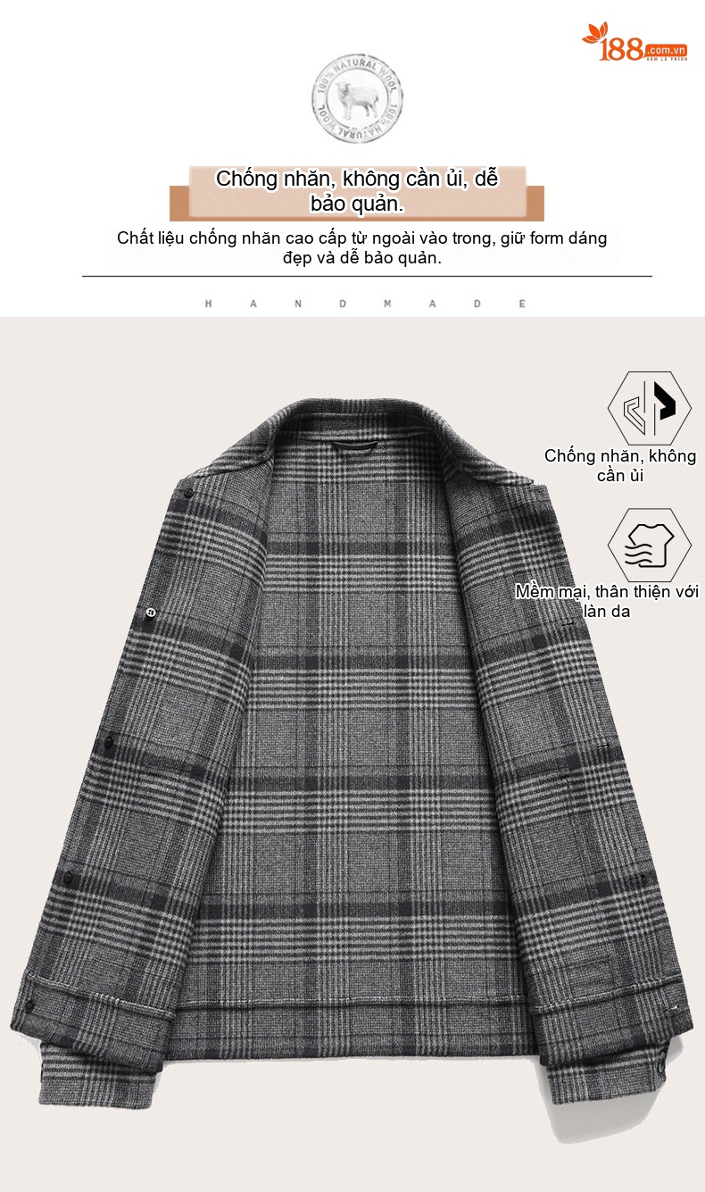 Áo Khoác Nam Kẻ Ô Two-sided Woolen Jacket Dày Dặn Màu Xám chi tiết 9
