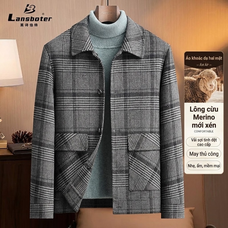 Áo Khoác Nam Kẻ Ô Two-sided Woolen Jacket Dày Dặn Màu Xám