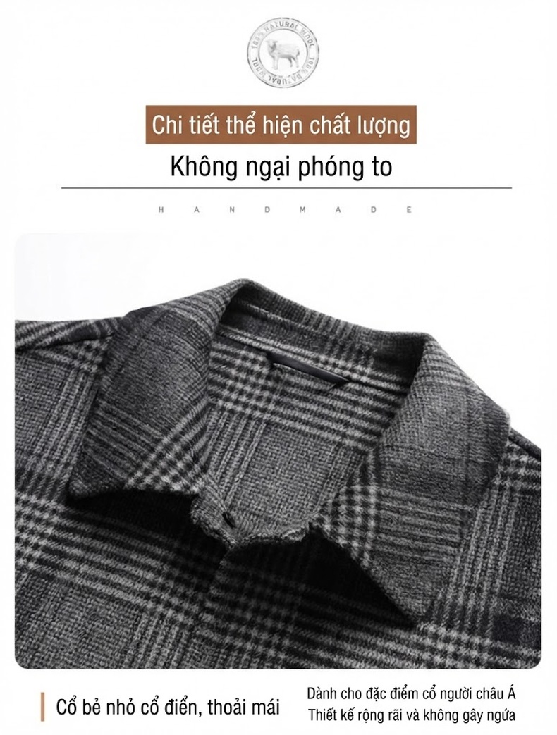 Áo Khoác Nam Kẻ Ô Two-sided Woolen Jacket Dày Dặn Màu Xám chi tiết 11