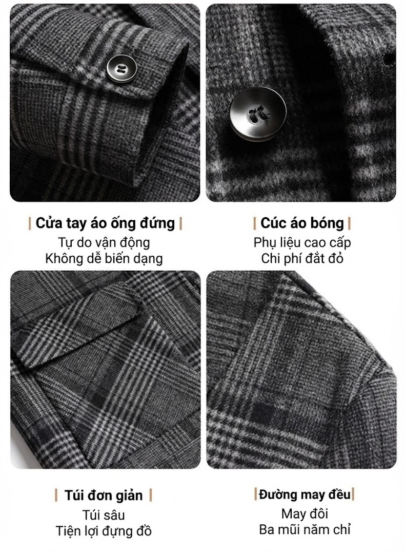 Áo Khoác Nam Kẻ Ô Two-sided Woolen Jacket Dày Dặn Màu Xám chi tiết 12