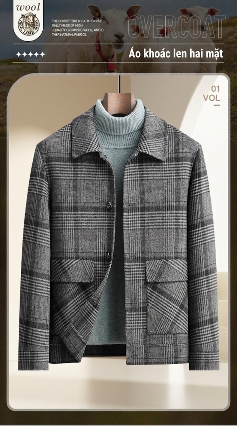 Áo Khoác Nam Kẻ Ô Two-sided Woolen Jacket Dày Dặn Màu Xám chi tiết 2
