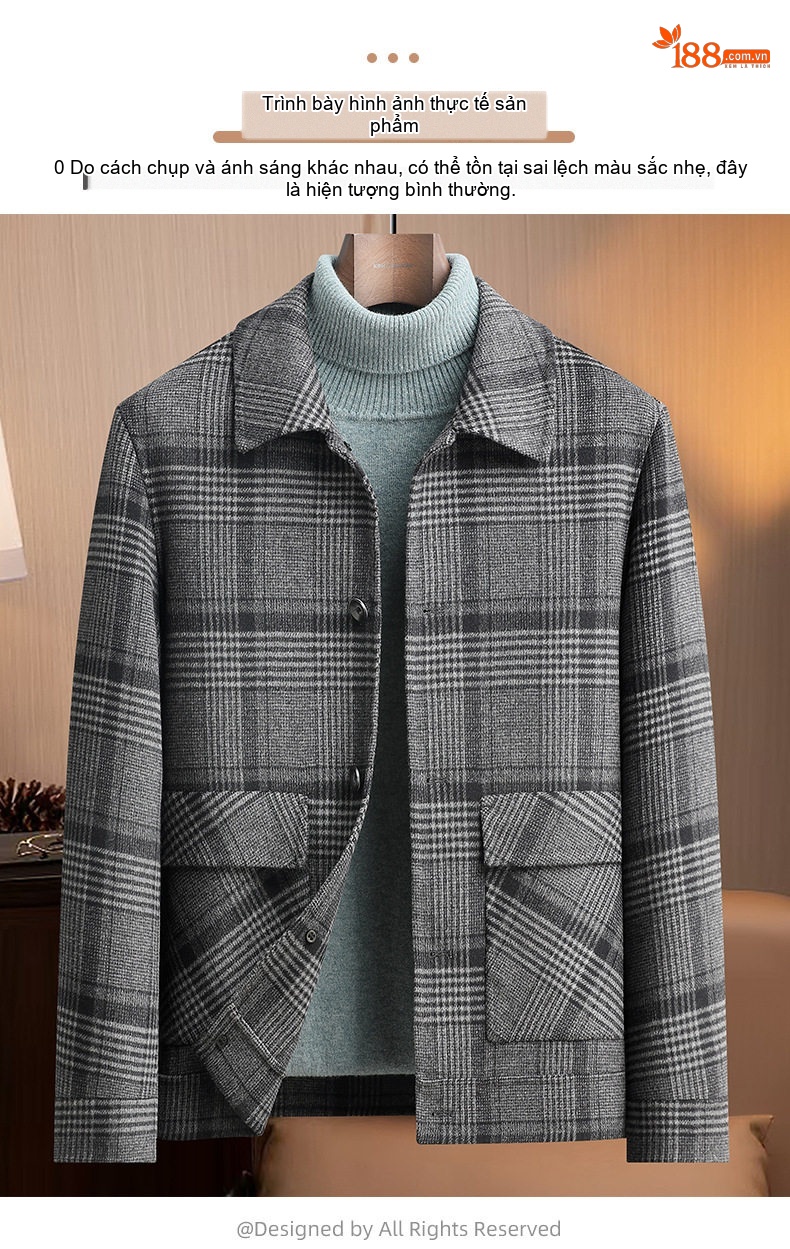 Áo Khoác Nam Kẻ Ô Two-sided Woolen Jacket Dày Dặn Màu Xám chi tiết 15