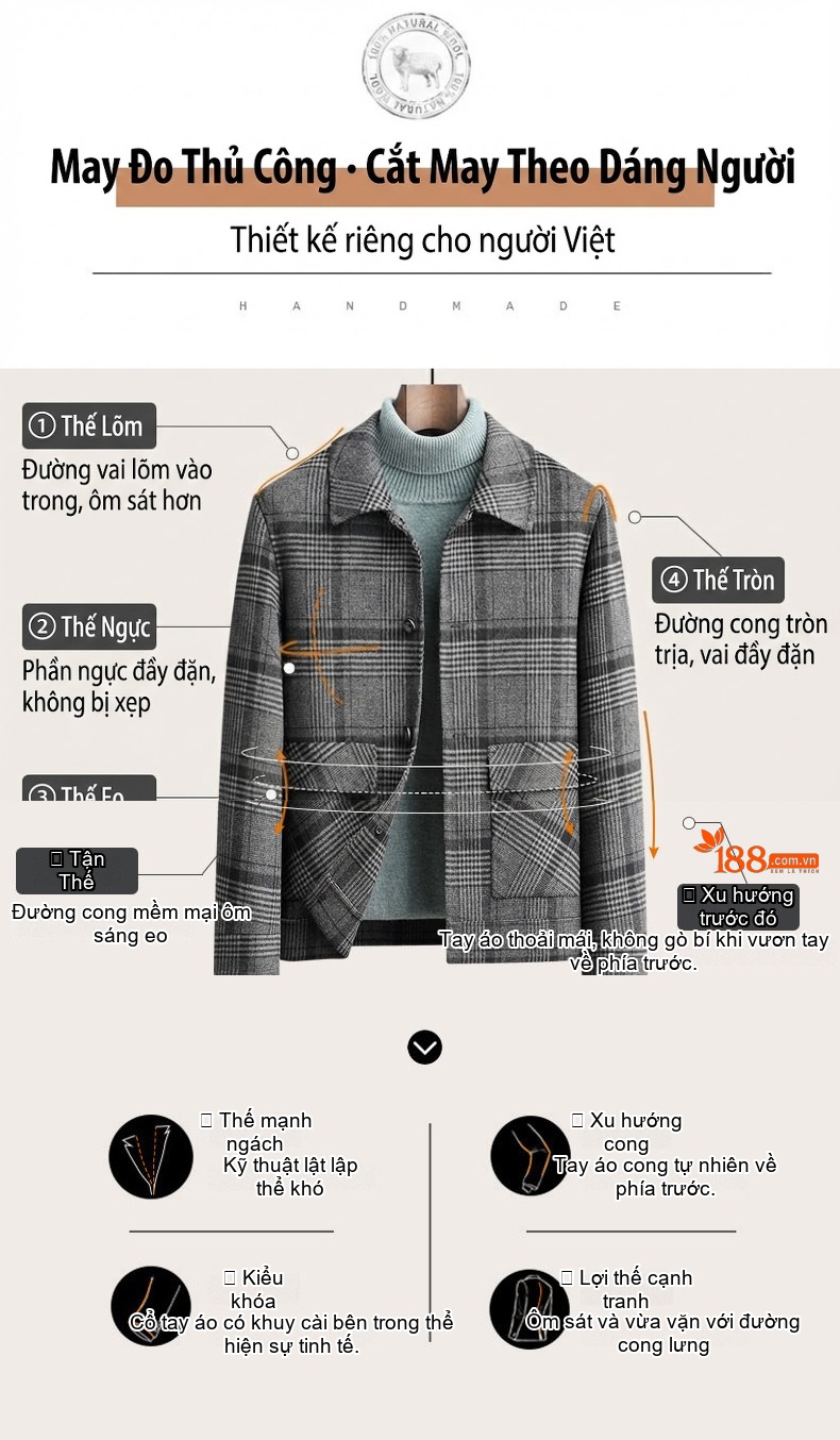 Áo Khoác Nam Kẻ Ô Two-sided Woolen Jacket Dày Dặn Màu Xám chi tiết 6