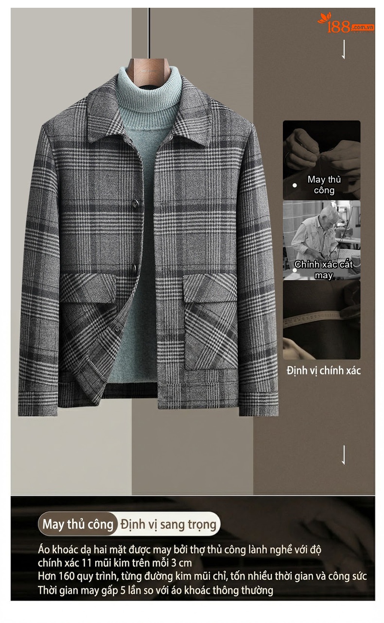 Áo Khoác Nam Kẻ Ô Two-sided Woolen Jacket Dày Dặn Màu Xám chi tiết 8