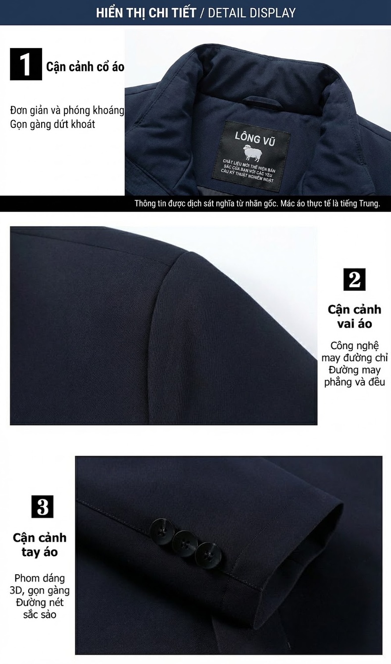 Áo Khoác Nam Len Lông Cừu Dáng Vest Công Sở Trung Niên Màu Xanh Navy chi tiết 9