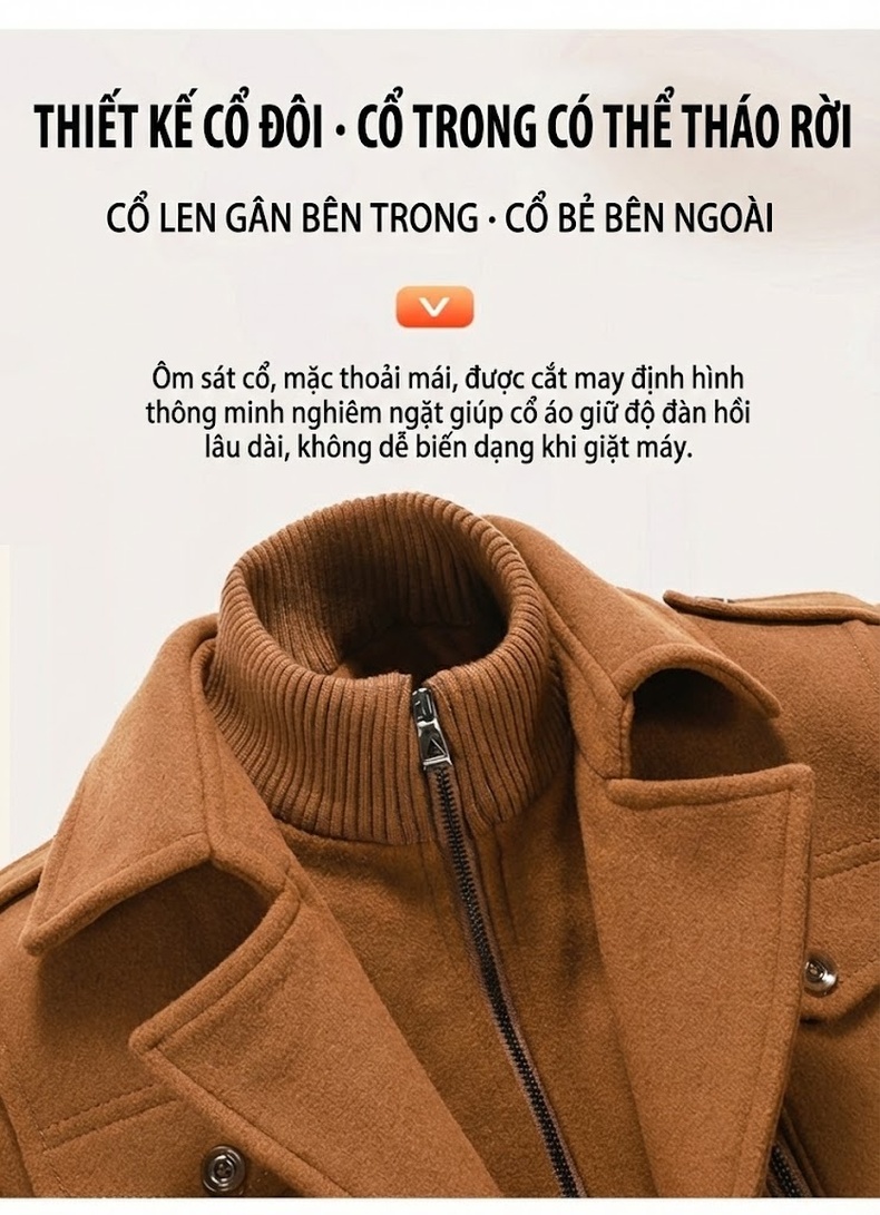 Áo Khoác Nam Lông Cừu Hai Cổ Áo Thời Trang Thu Đông Màu Nâu, Xanh Navy, Xám, Đen chi tiết 5