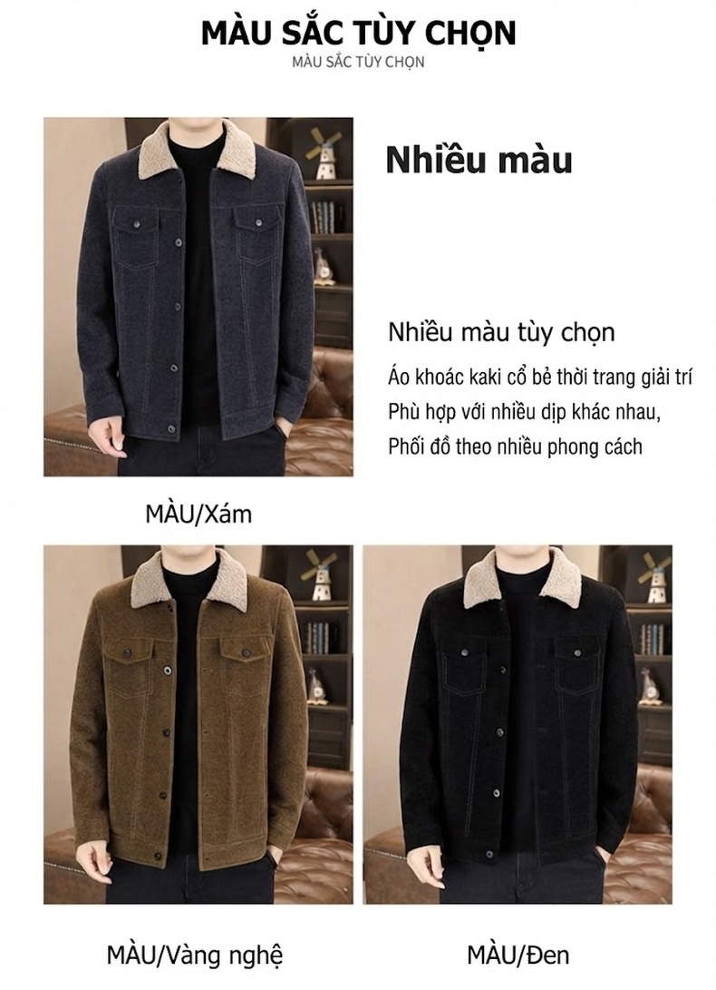 Áo Khoác Nam Lông Cừu Non Cổ Lông Dày Dặn Màu Nâu, Xám, Đen chi tiết 4