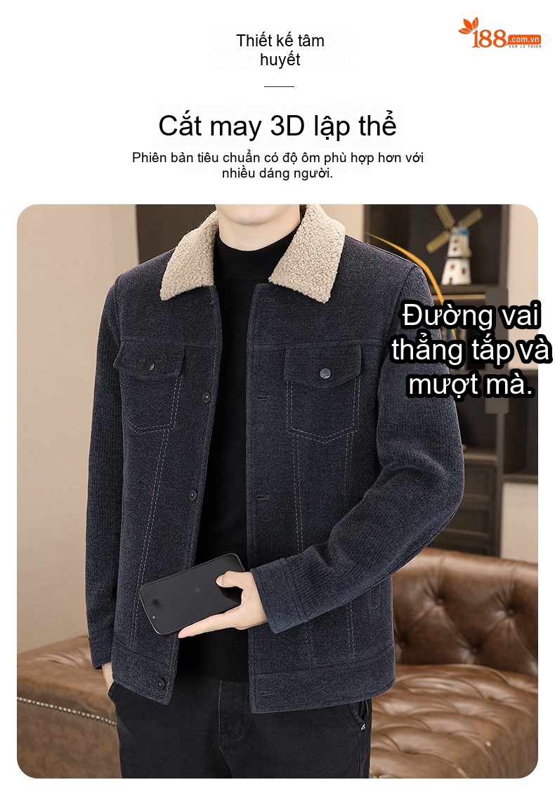 Áo Khoác Nam Lông Cừu Non Cổ Lông Dày Dặn Màu Nâu, Xám, Đen chi tiết 5