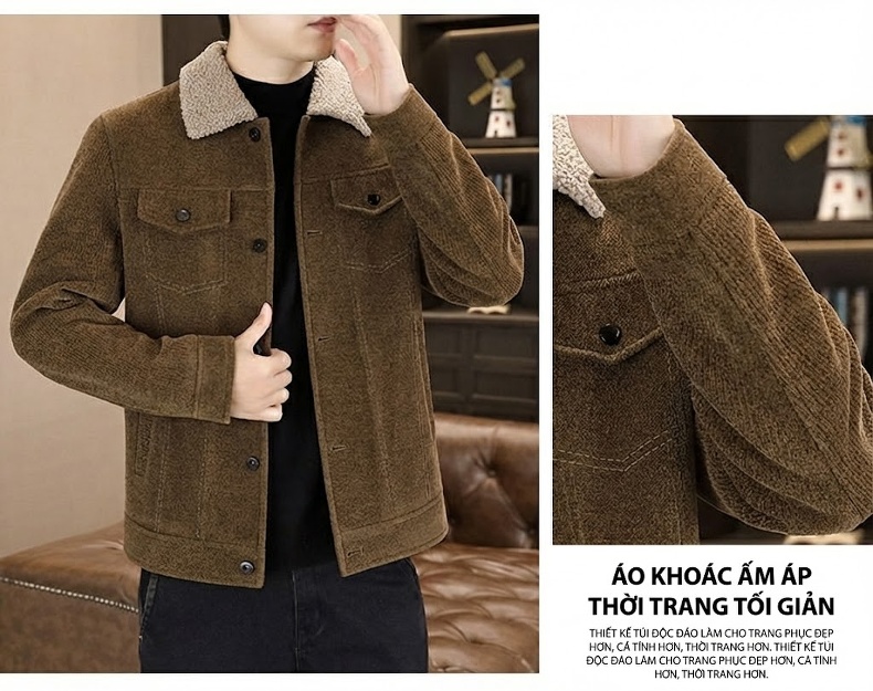 Áo Khoác Nam Lông Cừu Non Cổ Lông Dày Dặn Màu Nâu, Xám, Đen chi tiết 16