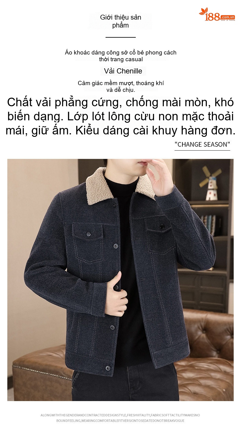 Áo Khoác Nam Lông Cừu Non Cổ Lông Dày Dặn Màu Nâu, Xám, Đen chi tiết 3