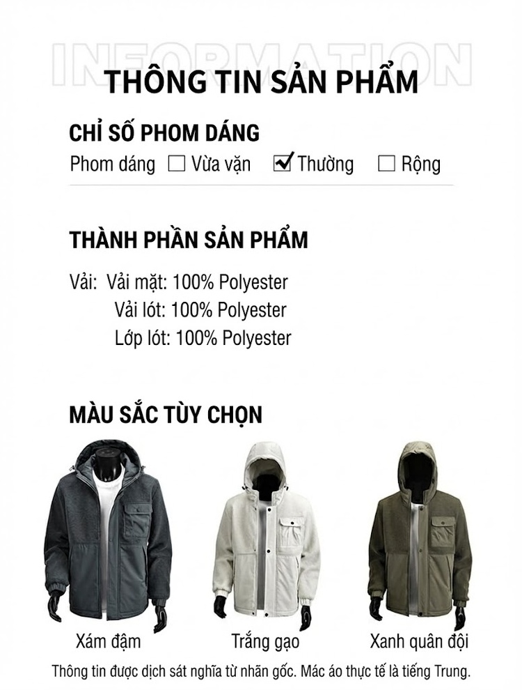 Áo Khoác Nam Lông Cừu Non Có Mũ Trùm Đầu Dáng Rộng Màu Xám, Xanh, Trắng chi tiết 8