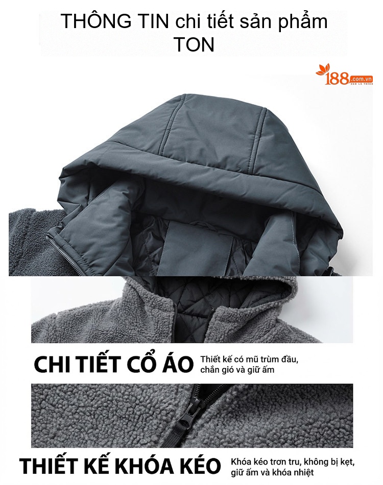 Áo Khoác Nam Lông Cừu Non Có Mũ Trùm Đầu Dáng Rộng Phong Cách Mỹ Màu Xám, Xanh Rêu, Trắng chi tiết 20