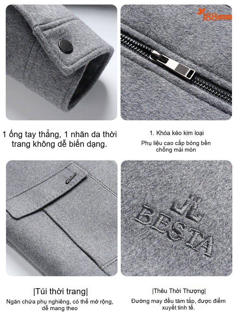 Áo Khoác Nam Lông Cừu, Tơ Tằm, Lông Vũ, Vải Tweed, Lót Tháo Rời Màu Xám, Đen chi tiết 13