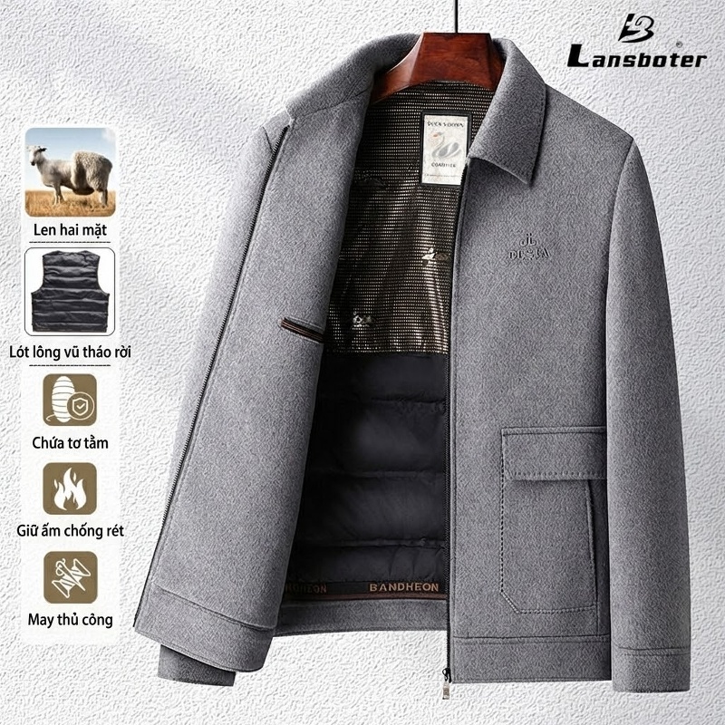 Áo Khoác Nam Lông Cừu, Tơ Tằm, Lông Vũ, Vải Tweed, Lót Tháo Rời Màu Xám, Đen