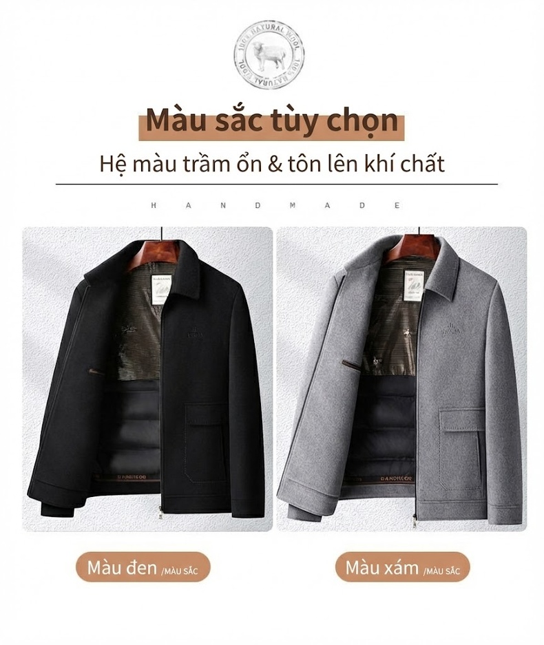 Áo Khoác Nam Lông Cừu, Tơ Tằm, Lông Vũ, Vải Tweed, Lót Tháo Rời Màu Xám, Đen chi tiết 14