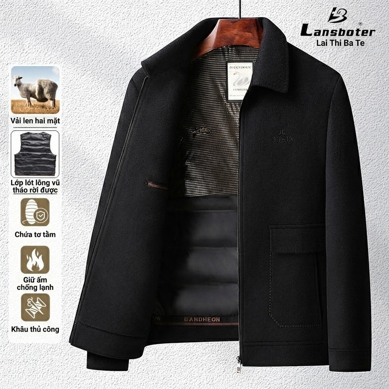 Áo Khoác Nam Lông Cừu, Tơ Tằm, Lông Vũ, Vải Tweed, Lót Tháo Rời Màu Xám, Đen