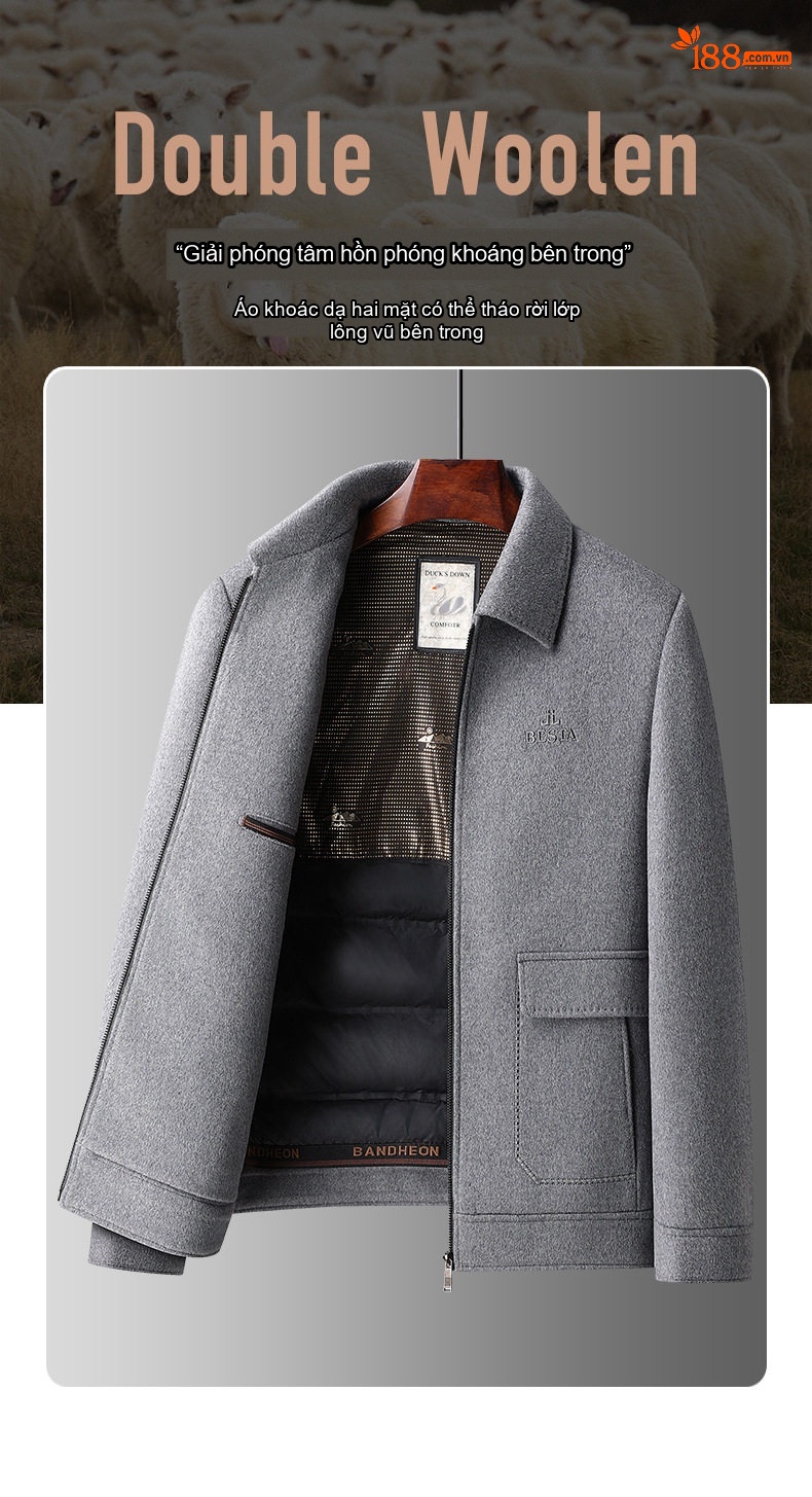 Áo Khoác Nam Lông Cừu, Tơ Tằm, Lông Vũ, Vải Tweed, Lót Tháo Rời Màu Xám, Đen chi tiết 1